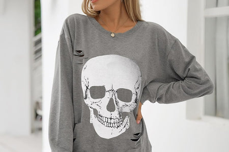 Women'S Crewneck Sweatshirt Skull Graphic T Shirts Long Sleeve Top Pullover Oversized Sweaters